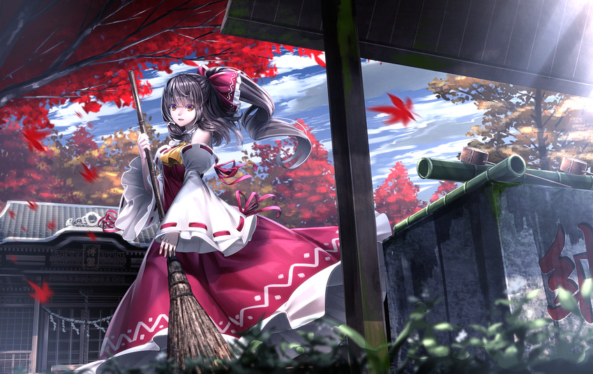 architecture ascot autumn_leaves bamboo_broom black_hair blurry bow broom cloud cloudy_sky commentary_request day depth_of_field detached_sleeves dress east_asian_architecture falling_leaves from_side grass hair_bow hair_tubes hakurei_reimu hakurei_shrine holding holding_broom japanese_clothes leaf long_hair looking_at_viewer looking_to_the_side maple_leaf nontraditional_miko outdoors parted_lips ponytail red_bow red_dress red_eyes revision ribbon-trimmed_sleeves ribbon_trim ryosios shrine sky smile solo sunlight touhou wide_sleeves