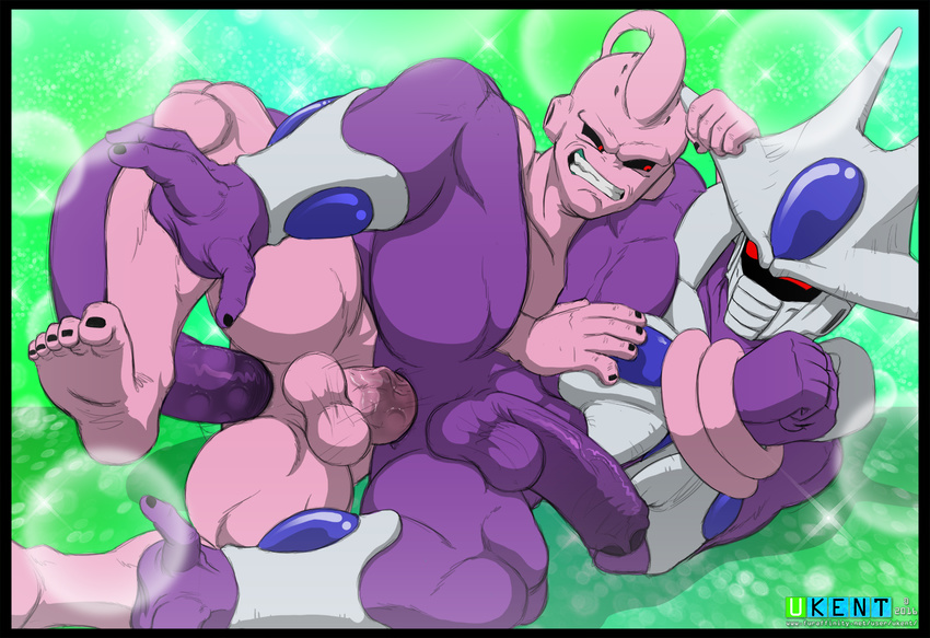 alien anal anal_penetration anthro anus armor balls barefoot bdsm bondage bound butt cooler_(dbz) dragon_ball dragon_ball_z erection gums headgear helmet lying majin_buu male male/male nude on_side penetration penis sex smile spread_legs spreading thick_penis ukent vein veiny_penis