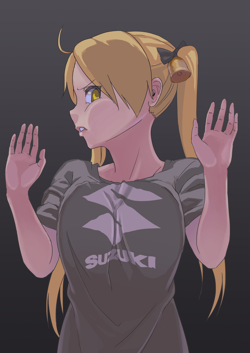 absurdres against_fourth_wall against_glass ahoge bakuon!! bell blonde_hair bow breast_press breasts cheek_press clothes_writing fourth_wall gradient gradient_background hair_bell hair_bow hair_ornament highres large_breasts long_hair looking_at_viewer parted_lips profile shirt solo suzunoki_rin t-shirt twintails virgosdf yellow_eyes