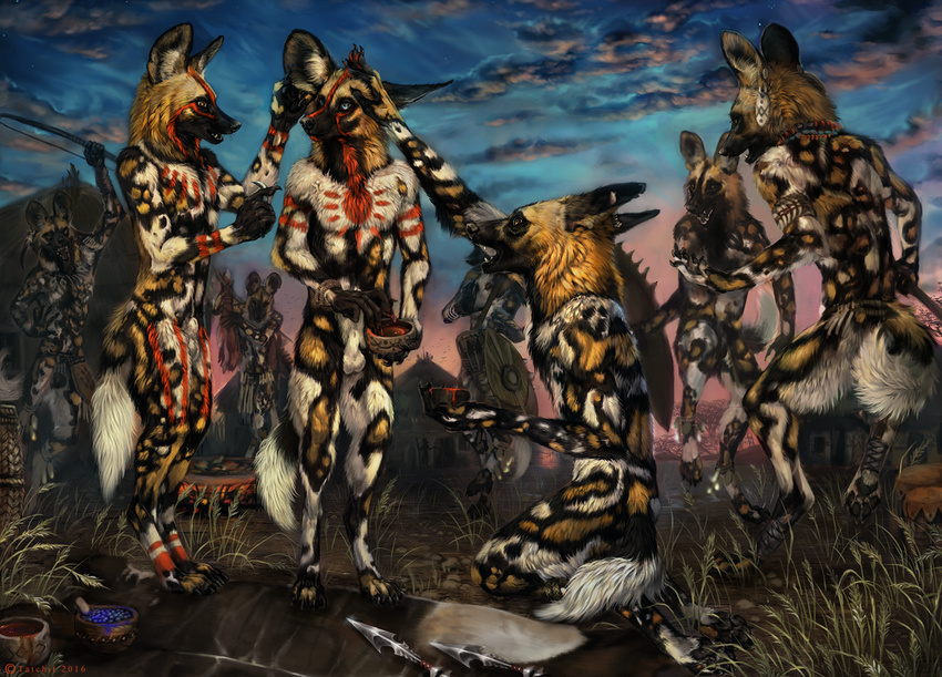 2016 4_toes 5_fingers african_wild_dog anthro black_fur black_nose blue_eyes bodypaint brown_eyes canine day digitigrade fur group kneeling male mammal nude open_mouth outside sky standing tan_fur tatchit teeth toes white_fur