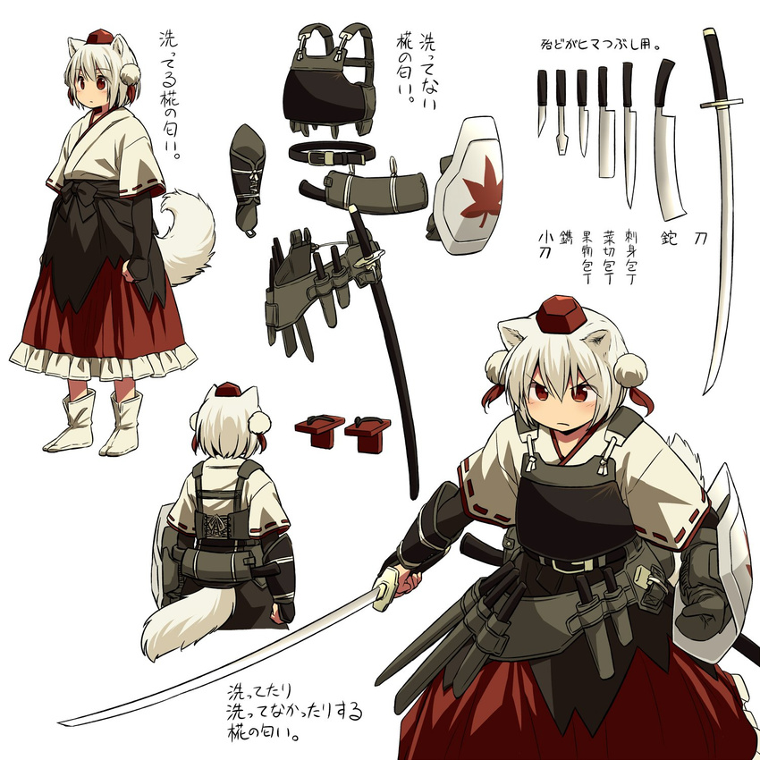 angry animal_ears armor belt breastplate chisel commentary_request duplicate geta hat highres inubashiri_momiji japanese_armor japanese_clothes katana knife kote multiple_views pom_pom_(clothes) red_eyes sheath sheathed shield short_hair sword tabi tail tengu-geta tokin_hat touhou translated weapon white_hair wide_sleeves wolf_ears wolf_tail yudepii