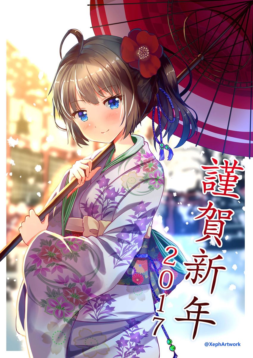 2017 absurdres blue_eyes brown_hair happy_new_year highres japanese_clothes kimono looking_at_viewer new_year oriental_umbrella original short_hair solo twitter_username umbrella upper_body xephonia