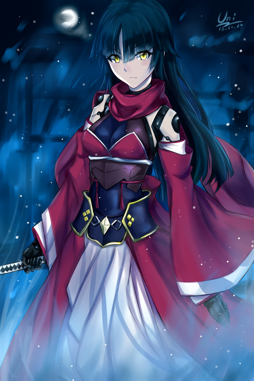 1girl bag black_gloves black_hair breasts detached_sleeves eyebrows_visible_through_hair fate/grand_order fate_(series) gloves hair_between_eyes highres holding holding_sword holding_weapon katana katou_danzou_(fate/grand_order) long_hair long_skirt long_sleeves looking_at_viewer medium_breasts moon outdoors red_scarf red_sleeves scarf signature skirt solo standing sword unique_(pixiv12704744) very_long_hair weapon white_skirt wide_sleeves yellow
