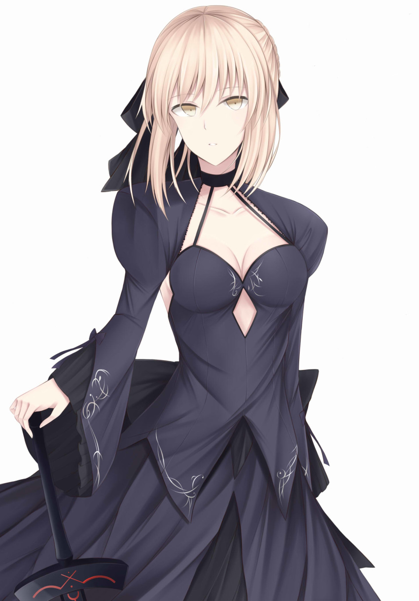 1girl artoria_pendragon_(all) black_bow black_ribbon black_shirt black_skirt black_sleeves bow breasts choker cleavage collarbone cutout dark_excalibur fate/stay_night fate_(series) formal hair_between_eyes hair_ribbon halterneck hand_on_hilt highres kanpyou_(hghgkenfany) long_skirt looking_at_viewer medium_breasts ribbon saber_alter shirt shrug_(clothing) sidelocks silver_hair simple_background skirt skirt_suit sleeveless sleeveless_shirt solo standing suit white_background yellow