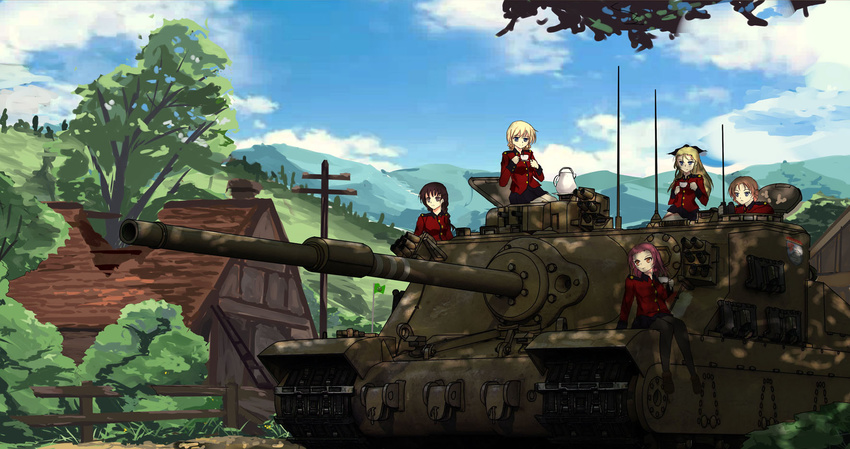 arm_support assam black_legwear blonde_hair blue_eyes blurry bow braid brown_eyes brown_hair bush caterpillar_tracks cloud commentary_request cup dappled_sunlight darjeeling day depth_of_field dirt_road emblem fence french_braid girls_und_panzer ground_vehicle hair_bow hatch highres hill house long_hair looking_to_the_side military military_vehicle motor_vehicle multiple_girls orange_pekoe pantyhose pink_hair road rosehip ruins rukuriri shadow short_hair single_braid skirt sky st._gloriana's_(emblem) st._gloriana's_military_uniform sunlight tank teacup teapot telephone_pole tianyu_jifeng tortoise_(tank) tree uniform world_of_tanks