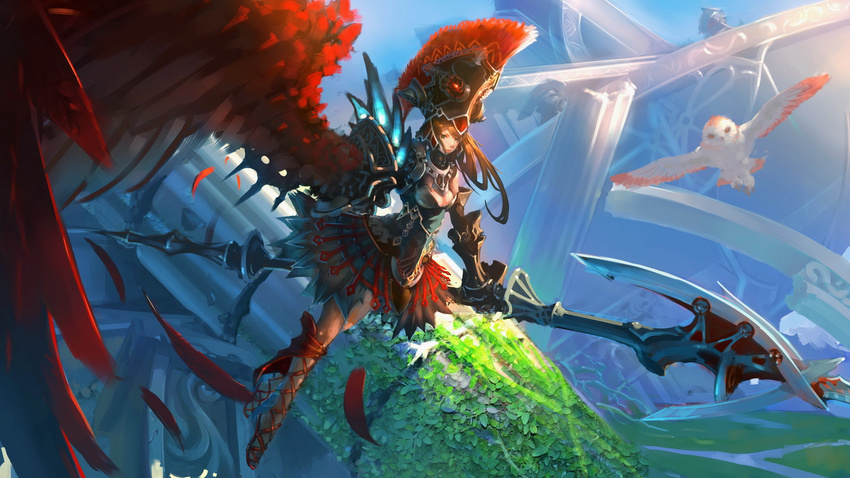 animal armor armored_dress athena_(mythology) bangs bird breasts brown_hair commentary cross-laced_footwear day dress fantasy feathers flying gauntlets gorget greek_mythology headdress helmet holding holding_weapon huge_weapon jukun long_hair looking_at_viewer original overgrown owl pillar plant plume polearm red_ribbon red_wings ribbon ruins sandals single_wing solo swept_bangs vines weapon wings