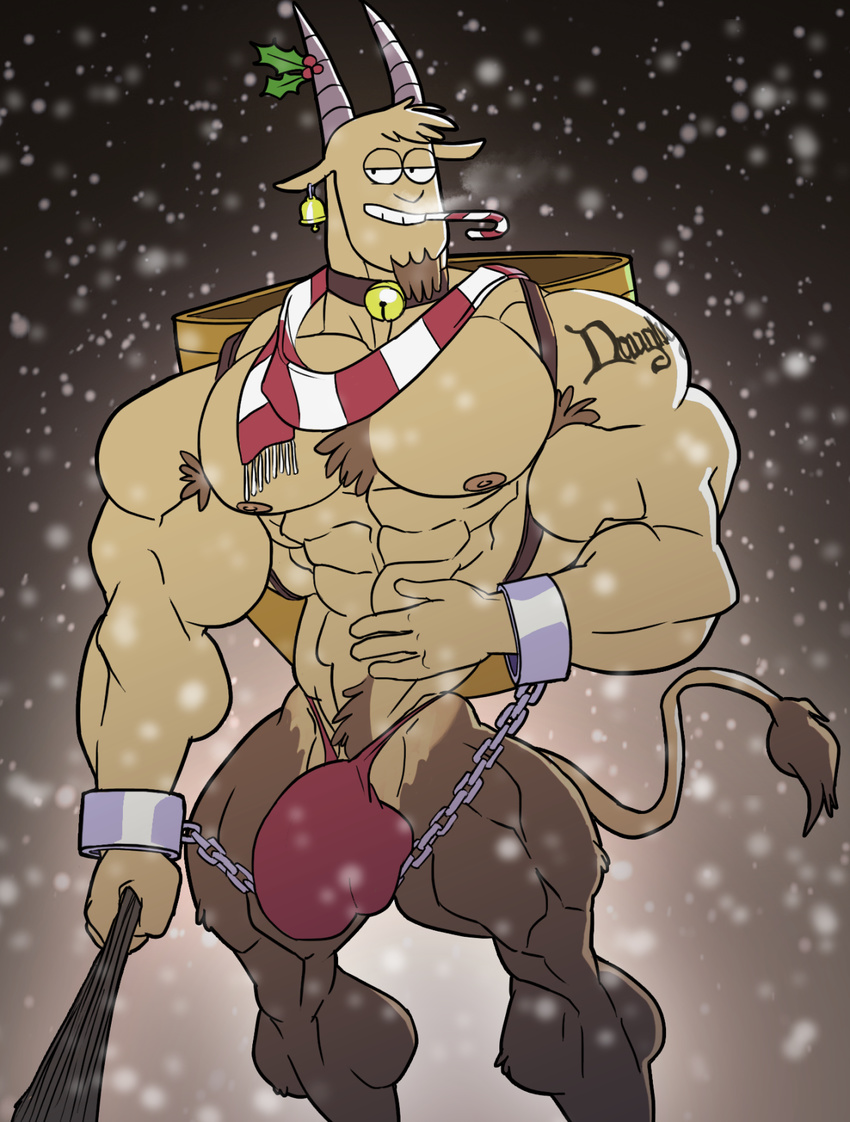 abs beard bell biceps big_arms big_pecs big_penis body_hair candy candy_cane caprine cartoon_network chain christmas clothed clothing club_(weapon) collar cuffs_(disambiguation) ear_piercing facial_hair food goat handcuffs hi_res holidays holly_(plant) krampus mammal melee_weapon muscular nipples pecs penis piercing plant regular_show sarah-borrows scarf shackles skimpy smile snow snowing tattoo thomas_(regular_show) thong weapon wrist_cuff