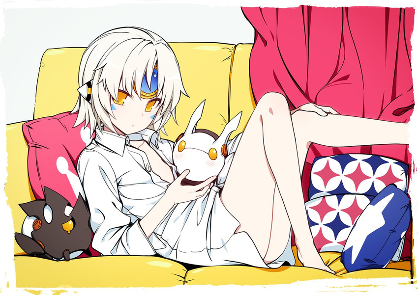 barefoot buttons closed_mouth collarbone collared_shirt couch curtains elsword eve_(elsword) facial_mark flat_chest forehead_jewel headgear hwansang leg_up looking_at_viewer moby_(elsword) naked_shirt pillow remy_(elsword) shirt short_hair silver_hair sitting solo unbuttoned unbuttoned_shirt white_shirt yellow_eyes