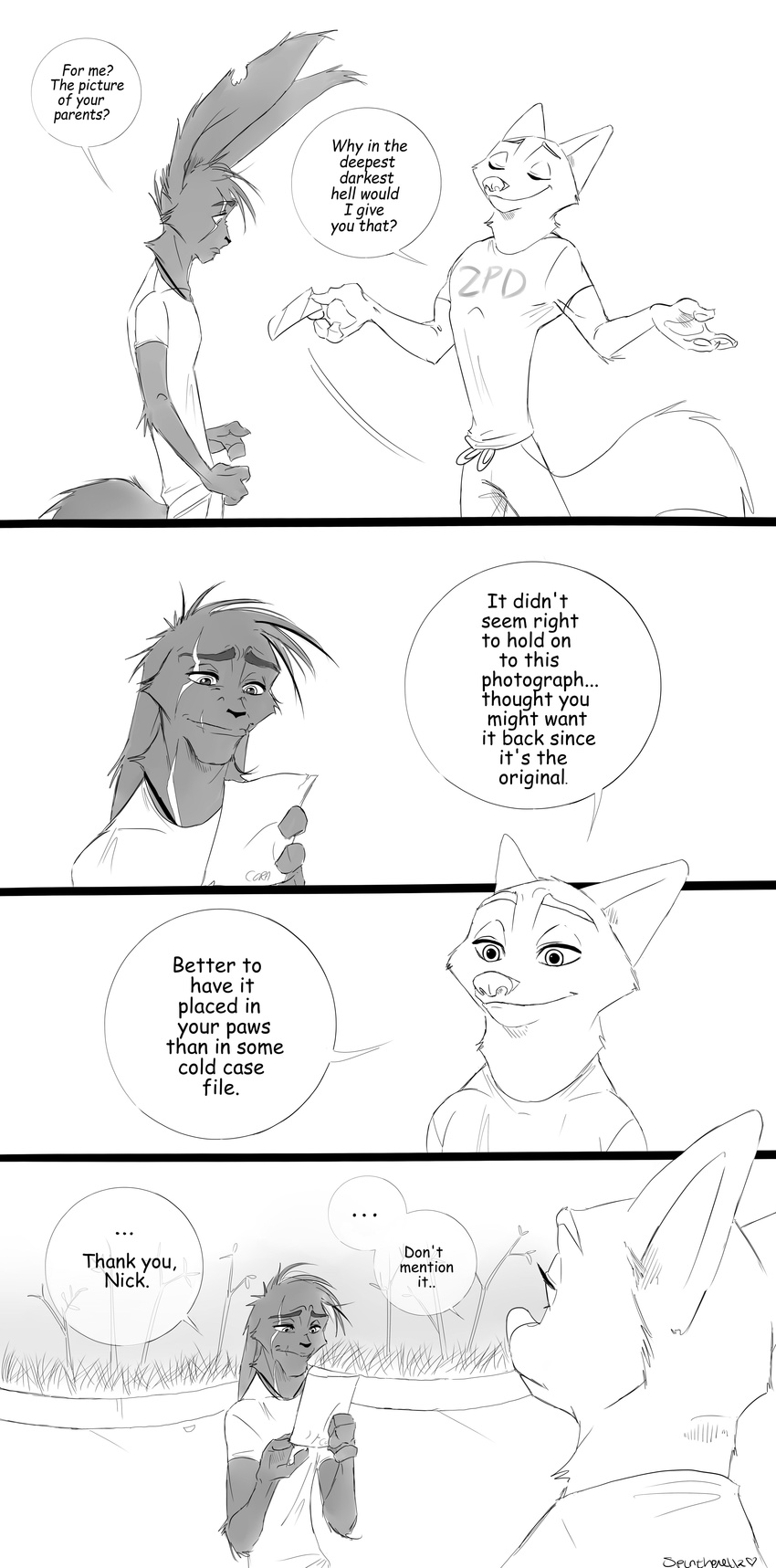 2017 anthro black_and_white canine clothed clothing comic dialogue disney duo english_text fox inter_schminter lagomorph male mammal max_midnight monochrome nick_wilde police_uniform rabbit spintherella text uniform zootopia