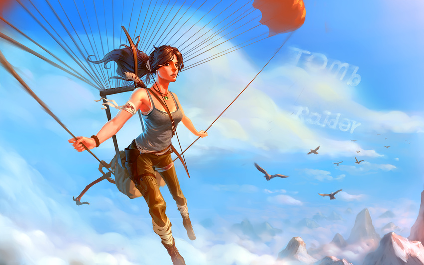 bandaged_arm bandages bow_(weapon) breasts brown_eyes brown_hair cloud day highres injury jewelry jukun lara_croft long_hair necklace nose parachute pixiv_tomb_raider_contest ponytail small_breasts solo tank_top tomb_raider tomb_raider_(reboot) weapon