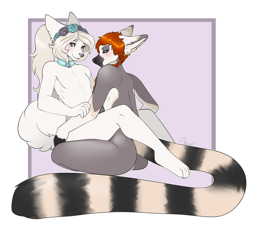 anthro blush canine collar duo fur girly hair hiddenwolf lemur looking_at_viewer male mammal nude primate sitting smile thick_thighs