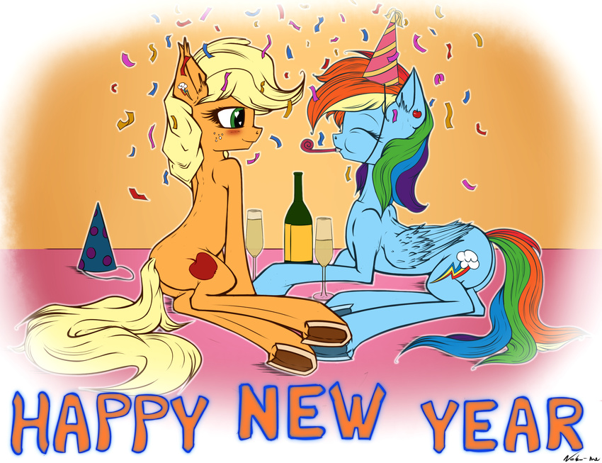 2016 absurd_res alcohol applejack_(mlp) beverage blonde_hair blue_feathers blush bottle champagne confetti cutie_mark duo ear_piercing earth_pony english_text equine eyelashes eyes_closed feathered_wings feathers female feral freckles friendship_is_magic glass green_eyes hair hat hi_res holidays hooves horse long_hair mammal multicolored_hair multicolored_tail my_little_pony neko-me new_year party_blower party_hat pegasus piercing pony rainbow_dash_(mlp) rainbow_hair rainbow_tail smile text underhoof wings