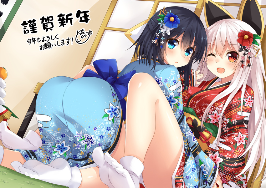 ;d artist_name ass black_hair black_ribbon blue_eyes blue_flower blue_kimono blush breasts commentary_request dutch_angle etna_(kuzuyu) eyebrows_visible_through_hair floral_print flower food fruit furisode hair_between_eyes hair_flower hair_ornament hair_ribbon half_updo happy_new_year indoors japanese_clothes kanzashi kimono komori_kuzuyu kotoyoro large_breasts leaning_forward long_hair looking_at_viewer mandarin_orange multiple_girls nengajou new_year obi one_eye_closed open_mouth original parted_lips red_eyes red_flower red_kimono ribbon rivier_(kuzuyu) sash short_hair signature sliding_doors smile socks soles tabi thighs white_hair white_legwear