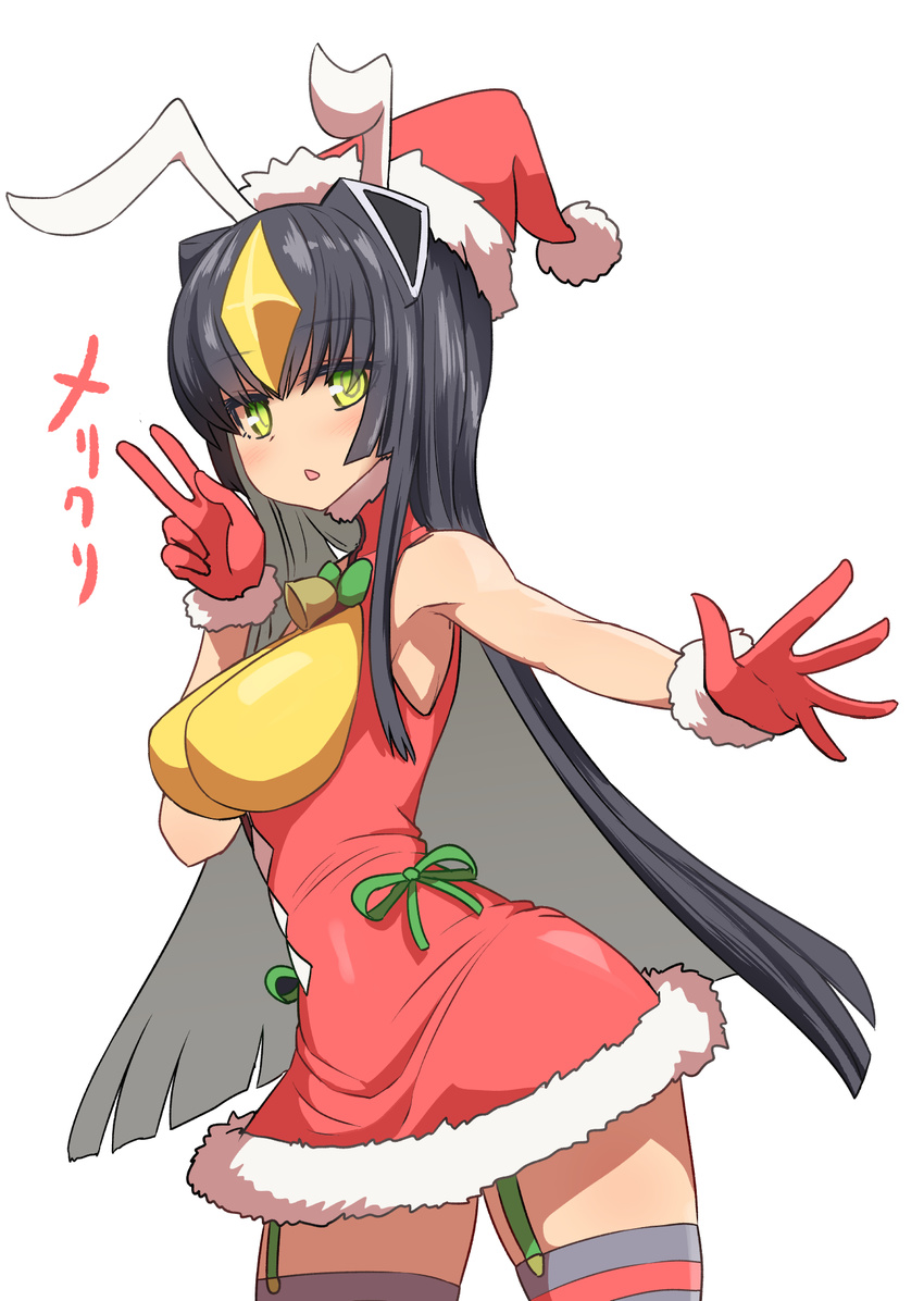 antennae bare_shoulders black_hair breasts commentary_request framed_breasts garter_straps gloves hat highres large_breasts long_hair looking_at_viewer personification red_gloves santa_hat side-tie_dress simple_background sleeveless solo striped striped_legwear sumiyao_(amam) thighhighs translation_request ultra_kaijuu_gijinka_keikaku ultra_series ultraman_(1st_series) v white_background yellow_eyes zetton