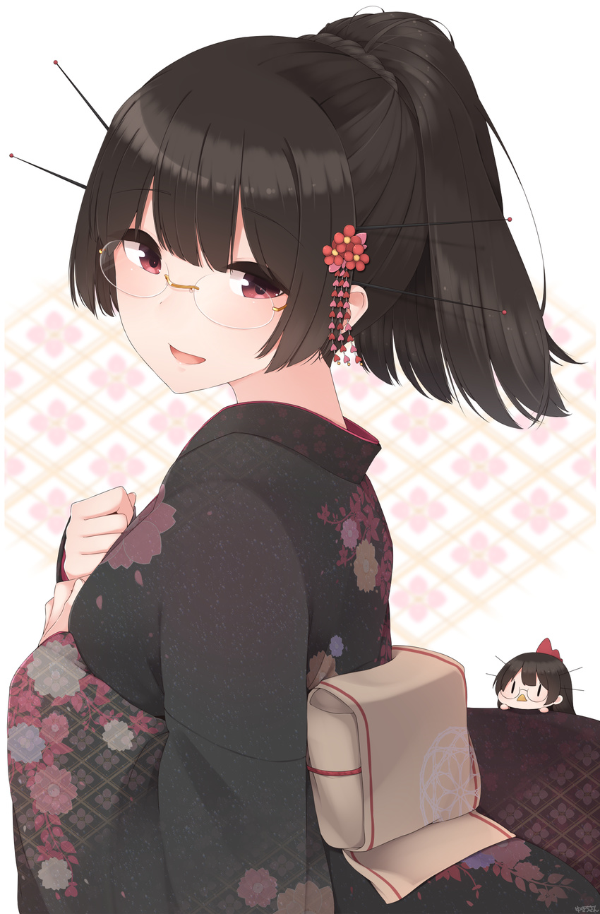 alternate_costume alternate_hairstyle black_hair breasts choukai_(kantai_collection) eyebrows floral_background floral_print glasses hair_ornament hand_on_own_chest headgear highres japanese_clothes kantai_collection kimono long_hair looking_at_viewer medium_breasts minigirl obi open_mouth ponytail red_eyes sash smile solo white_background yukichi_(sukiyaki39)