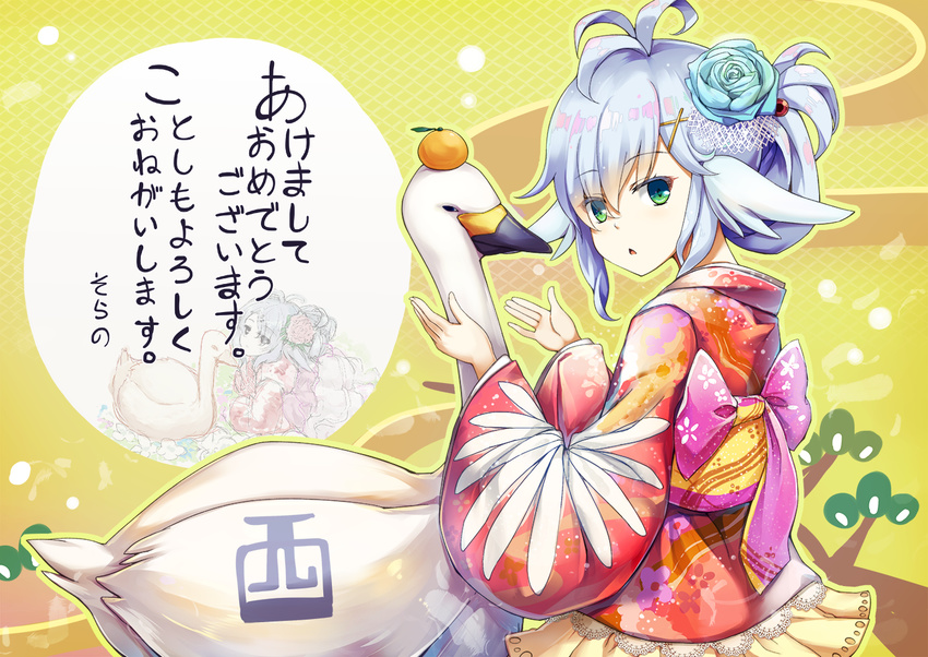 ahoge aqua_rose bangs bird chinese_zodiac commentary_request flower folded_ponytail food from_side fruit goose hair_between_eyes hair_flower hair_ornament hands_up happy_new_year japanese_clothes kimono looking_at_viewer looking_back mandarin_orange new_year obi original red_kimono sash silver_hair skirt solo sorano_(12gou) triangle_mouth year_of_the_rooster yellow_skirt