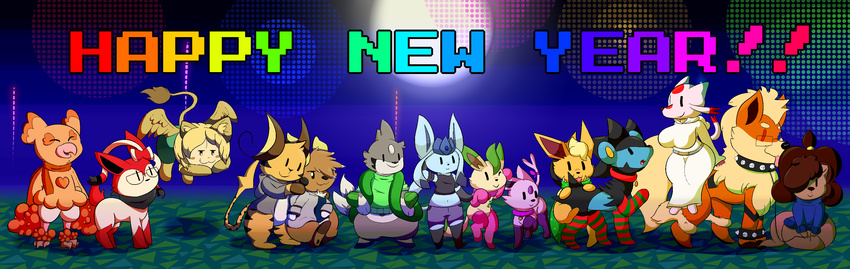 2016 alolan_raichu alternate_color anthro arcanine breasts brown_fur canine cat clothing collar connec_(character) cosplay eeveelution espeon fan_character feline female flareon floatzel fox fur glaceon hi_res holidays leafeon leggings legwear luxray male mammal mienshao mustelid new_year nintendo oricorio otter pok&eacute;mon puffdraws puffy_(character) raichu scarf simple_background smile sphinx standing stockings sylveon text video_games