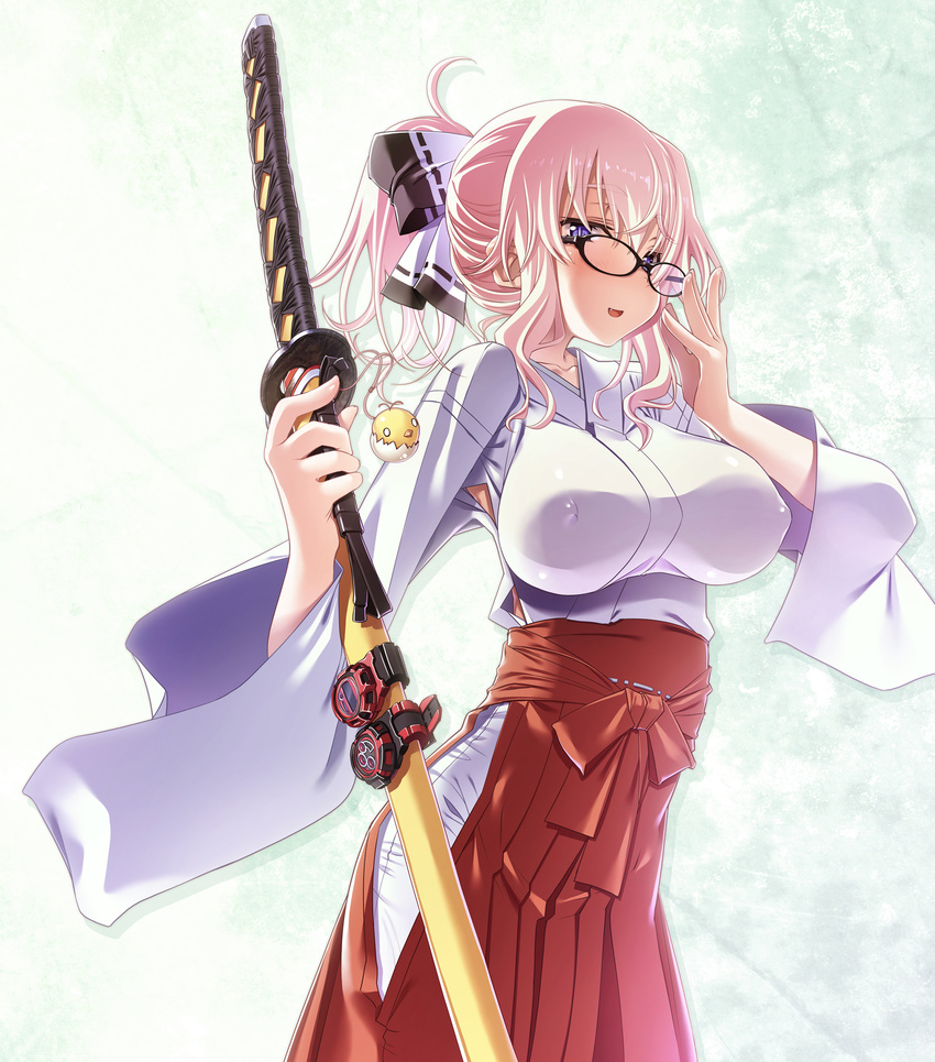 adjusting_eyewear bangs bird black-framed_eyewear blue_eyes breasts chick covered_nipples glasses hair_ribbon hakama highres holding holding_sword holding_weapon japanese_clothes katana large_breasts looking_at_viewer making_of miko original pink_hair pleated_skirt ponytail red_skirt ribbon sakuya_tsuitachi sheath sheathed sidelocks skirt smile solo sword weapon white_ribbon wide_sleeves