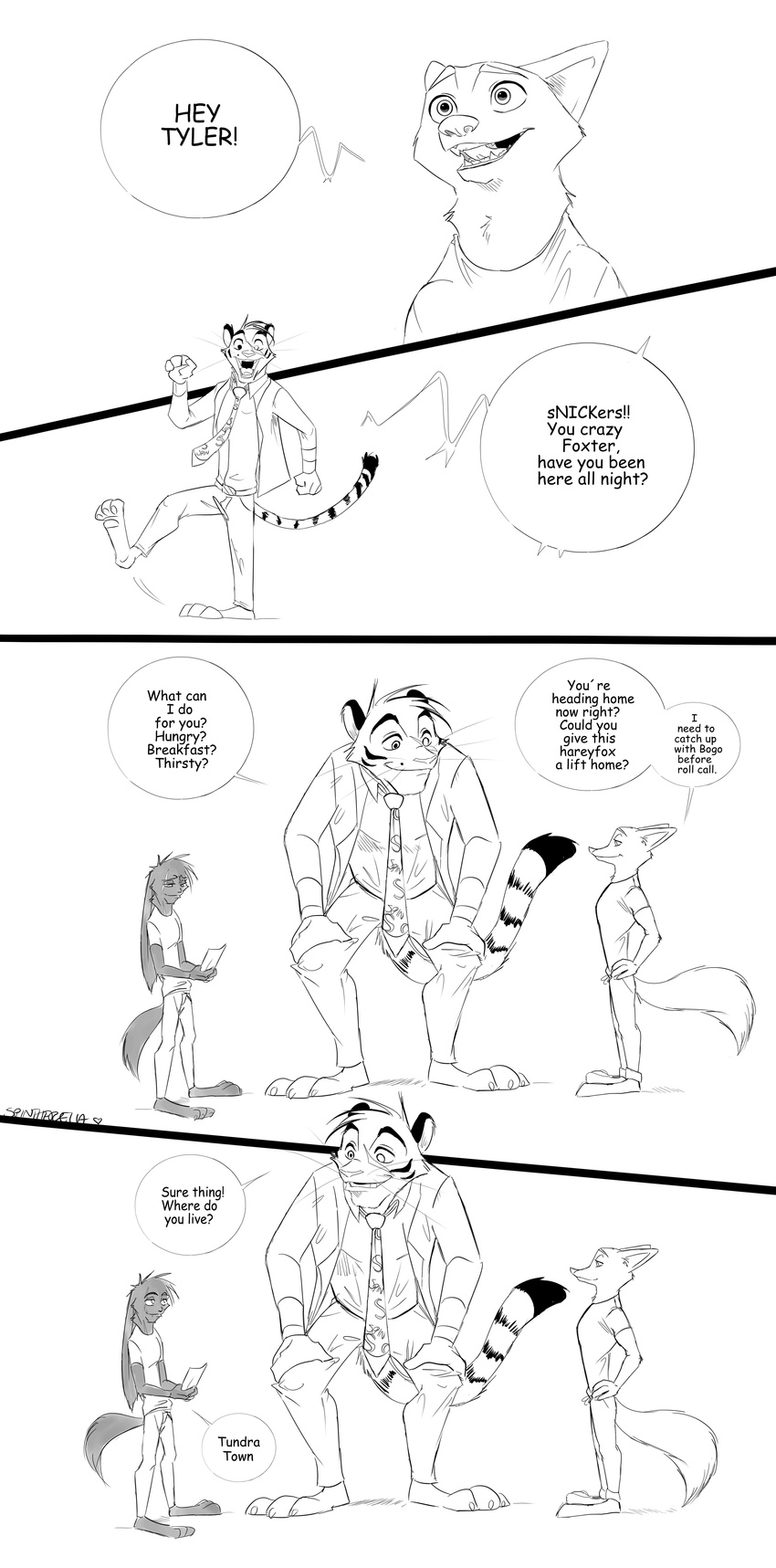 2017 anthro black_and_white canine clothed clothing comic dialogue disney english_text feline fox group inter_schminter lagomorph male mammal max_midnight monochrome nick_wilde police_uniform rabbit spintherella text tiger uniform zootopia