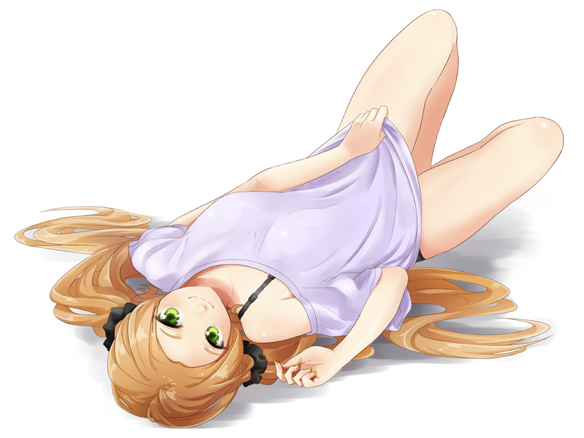 bangs blonde_hair blush breasts closed_mouth full_body green_eyes highres inubouzaki_fuu komuzuka lavender_shirt long_hair looking_at_viewer low_twintails lying medium_breasts nail_polish off_shoulder on_back parted_bangs smile solo twintails twitter_username upside-down white_background yellow_nails yuuki_yuuna_wa_yuusha_de_aru yuusha_de_aru