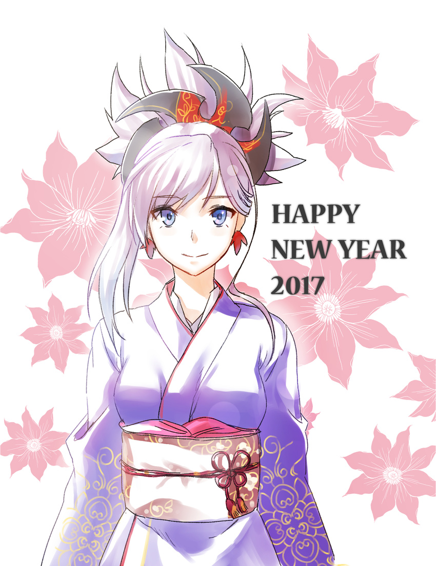 2017 blue_eyes earrings fate/grand_order fate_(series) happy_new_year highres japanese_clothes jewelry kimono miyamoto_musashi_(fate/grand_order) new_year obi obiage obijime sash solo upper_body yeoul