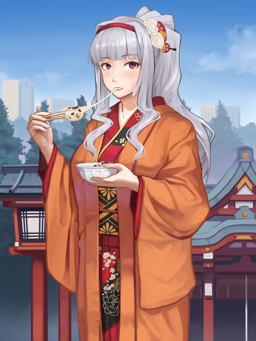 blush bowl building chopsticks cloud day eating eyebrows_visible_through_hair floral_print flower hair_flower hair_ornament hairband highres holding idolmaster idolmaster_(classic) japanese_clothes kimono long_hair long_sleeves looking_at_viewer md5_mismatch mikado_(winters) outdoors parted_lips ponytail red_eyes shijou_takane shiruko_(food) shrine silver_hair sky solo tree wide_sleeves