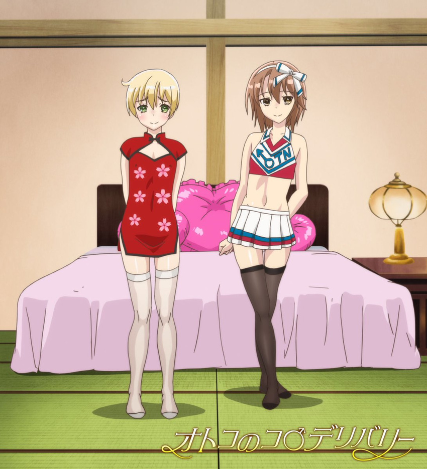 2boys bed cheerleader china_dress crossdressing multiple_boys nemunemu_(candy_paddle) tagme trap