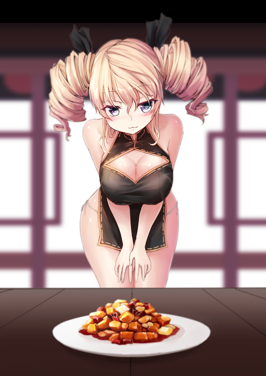 :3 absurdres bangs bare_shoulders black_dress black_ribbon blonde_hair blue_eyes blurry breasts china_dress chinese_clothes cleavage cleavage_cutout closed_mouth cowboy_shot depth_of_field dress drill_hair eyebrows_visible_through_hair food hair_ribbon highres large_breasts leaning_forward looking_at_viewer mapo_doufu original panties ribbon short_dress side-tie_panties sleeveless sleeveless_dress smile solo twin_drills underwear v-shaped_eyebrows white_panties zheyi_parker