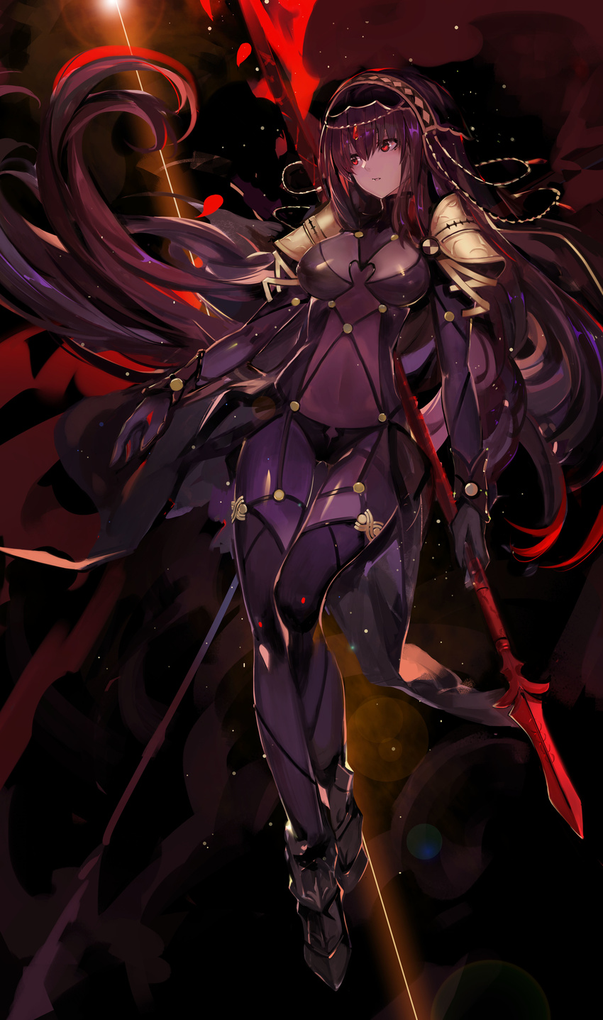 absurdres bodysuit breasts covered_navel fate/grand_order fate_(series) gae_bolg highres large_breasts long_hair looking_at_viewer looking_away pauldrons polearm purple_bodysuit purple_hair red_eyes saberiii scathach_(fate)_(all) scathach_(fate/grand_order) solo spear veil weapon