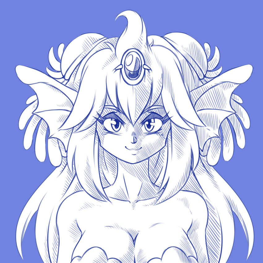 2016 blue_and_white blue_background breasts bust_portrait cleavage clothed clothing ear_fins eyeshadow female fin gem giga_mermaid humanoid jewelry looking_at_viewer makeup marine merfolk monochrome monster_girl_(genre) plagueofgripes portrait shantae:_half-genie_hero shantae_(series) simple_background smile solo