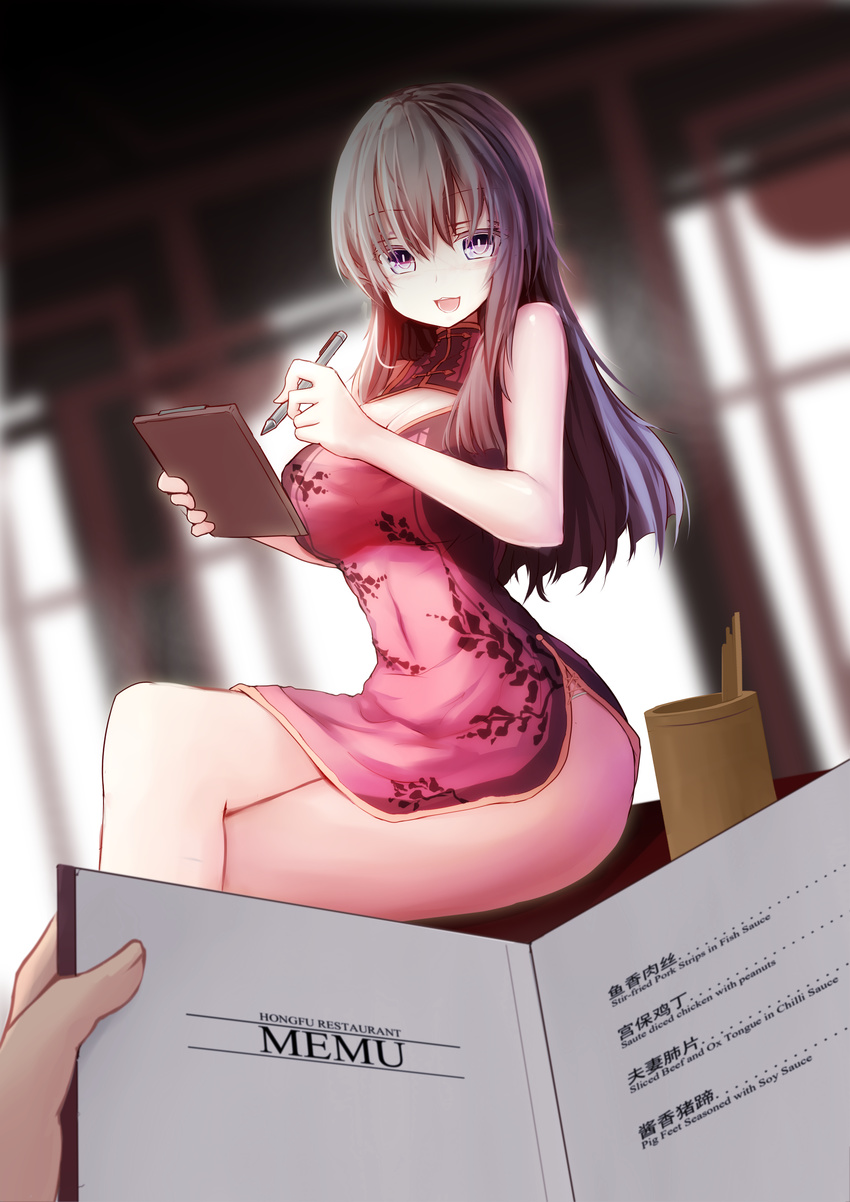 :d absurdres bangs bare_legs bare_shoulders blush breasts china_dress chinese chinese_clothes cleavage cleavage_cutout covered_navel crossed_legs dress engrish grey_hair highres large_breasts long_hair looking_at_viewer menu open_mouth original out_of_frame pen pencil pov pov_hands purple_eyes ranguage red_dress restaurant short_dress sidelocks sitting sitting_on_table sleeveless sleeveless_dress smile solo_focus table zheyi_parker