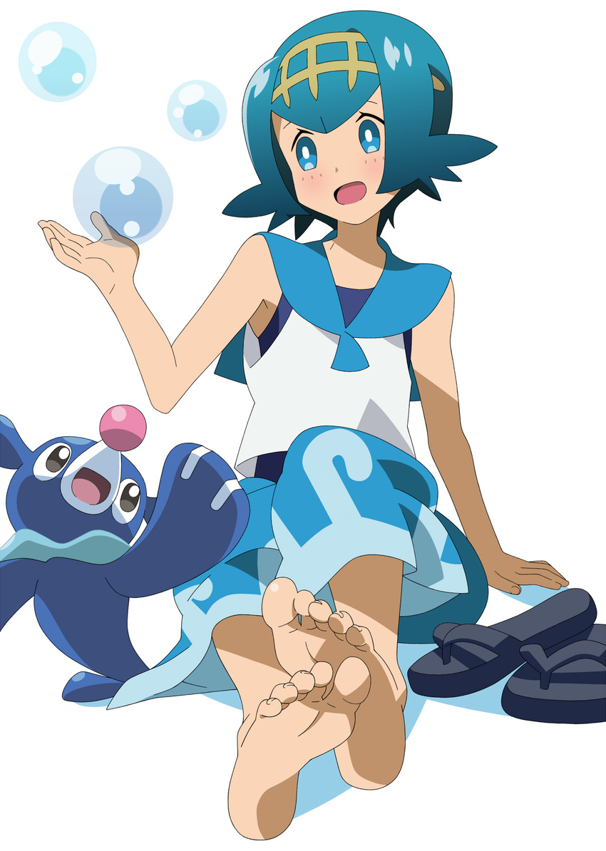 baggy_pants barefoot blue_eyes blue_hair blush bubble capri_pants feet gen_7_pokemon hairband highres kuroi_ohagi one-piece_swimsuit open_mouth pants pokemon pokemon_(creature) pokemon_(game) pokemon_sm popplio sandals sandals_removed shoes_removed short_hair simple_background sleeveless smile soles solo suiren_(pokemon) swimsuit swimsuit_under_clothes toes trial_captain white_background