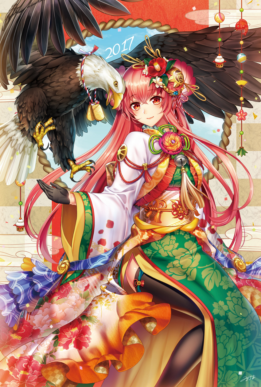 animal bell bird charm_(object) eagle flower hair_flower hair_ornament highres jingle_bell landing long_hair milcho obi orange_eyes orange_hair original sash side_slit sitting thighhighs traditional_clothes