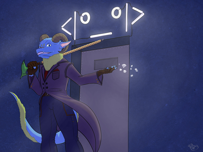 blue_skin cane caravan_palace clothed clothing coat dbd_(character) devilbluedragon diamonds door fingerless_gloves fur gloves grin horn jeans kobold looking_at_viewer neon_lights neon_sign pants prehensile_tail rubiris_(artist) smug_face stylish threaded_cane