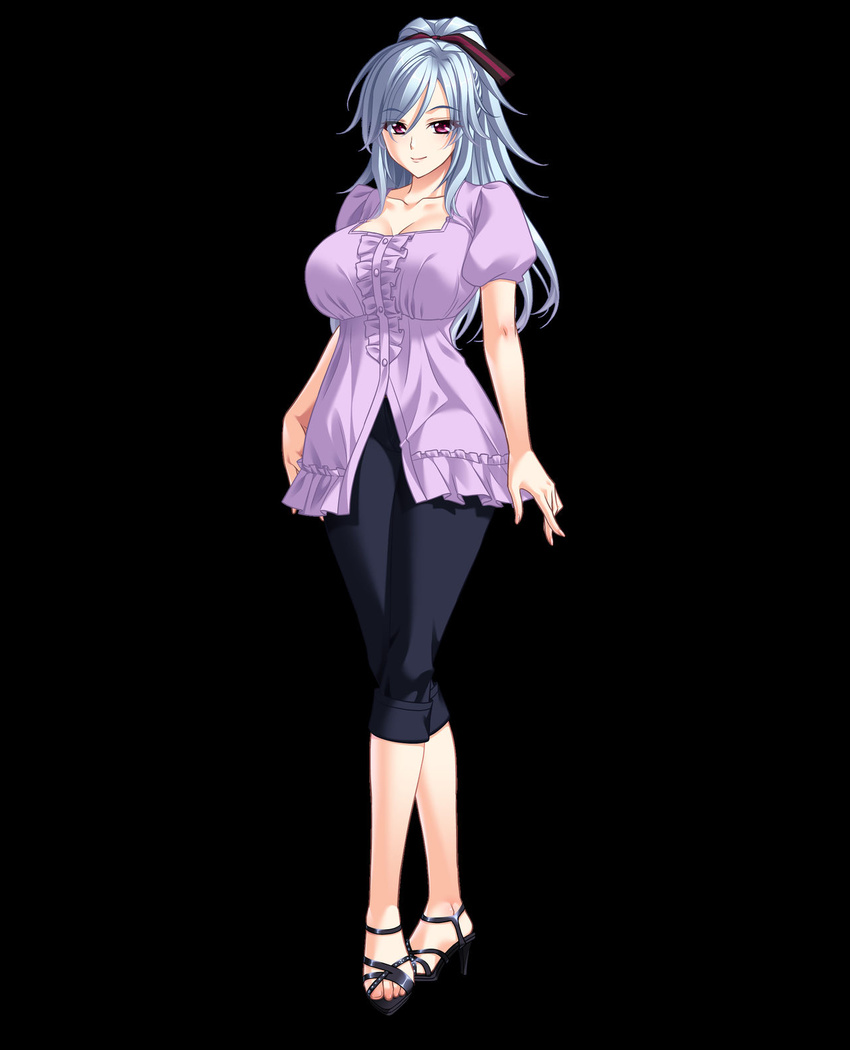 1girl bishop_(company) breasts full_body hair_ribbon large_breasts legs long_hair looking_at_viewer phi pink_eyes ponytail ribbon silicon_magic silver_hair simple_background smile solo standing thighs white_skin