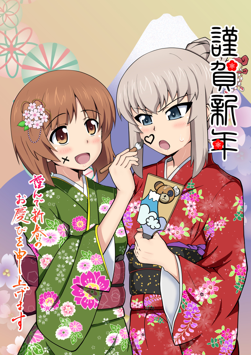 alternate_hairstyle animal_print bangs bear_print blue_eyes blush boko_(girls_und_panzer) brown_eyes brown_hair calligraphy_brush commentary_request drawing dress face_painting floral_print flower girls_und_panzer green_dress hair_bun hair_flower hair_ornament hair_up han'eri hanetsuki happy_new_year heiden highres holding itsumi_erika japanese_clothes kimono long_sleeves looking_at_another multiple_girls nengajou new_year nishizumi_miho obi obiage obijime open_mouth paintbrush partially_translated red_dress sash short_hair silver_hair smile standing sweatdrop translation_request upper_body