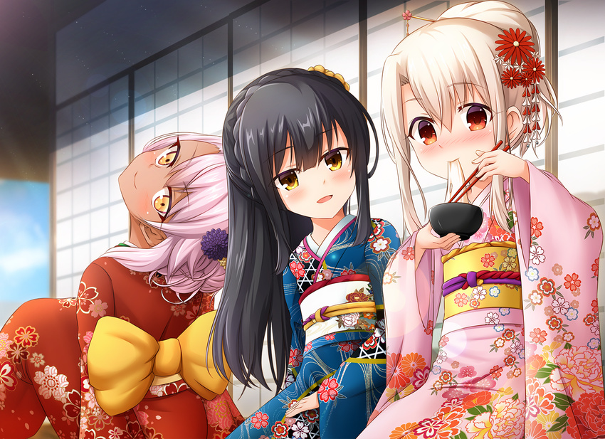 alternate_costume alternate_hairstyle blush bow chloe_von_einzbern chopsticks dark_skin eating embarrassed fate/kaleid_liner_prisma_illya fate_(series) floral_print flower food hair_flower hair_ornament hair_stick han'eri head_tilt highres illyasviel_von_einzbern japanese_clothes kimono long_hair long_sleeves looking_at_viewer miyu_edelfelt morokoshi_(tekku) multiple_girls noodles obi obiage obijime open_mouth outdoors sash shaft_look short_hair shouji sitting sliding_doors smile wide_sleeves