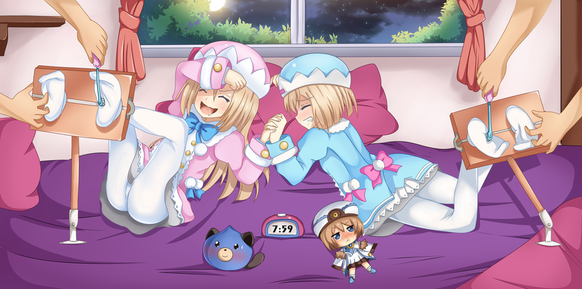 2boys 2girls ass bed blanc blush bound_ankles brown_hair choujigen_game_neptune choujigen_game_neptune_mk2 compile_heart dogoo dress eyes_closed feet foot_tickling hat idea_factory laughing long_hair lying multiple_boys multiple_girls neptune_(series) night no_shoes open_mouth pantyhose pillow planeptune ram_(choujigen_game_neptune) rom_(choujigen_game_neptune) shiny shiny_hair short_hair siblings sisters smile soles stuffed_animal stuffed_toy tickling toes twins white_legwear