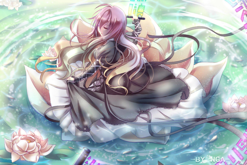 brown_hair dress flower gradient_hair hijiri_byakuren layered_dress long_hair lotus lotus_pedestal multicolored_hair nga_(artist) purple_hair solo sorcerer's_sutra_scroll touhou water