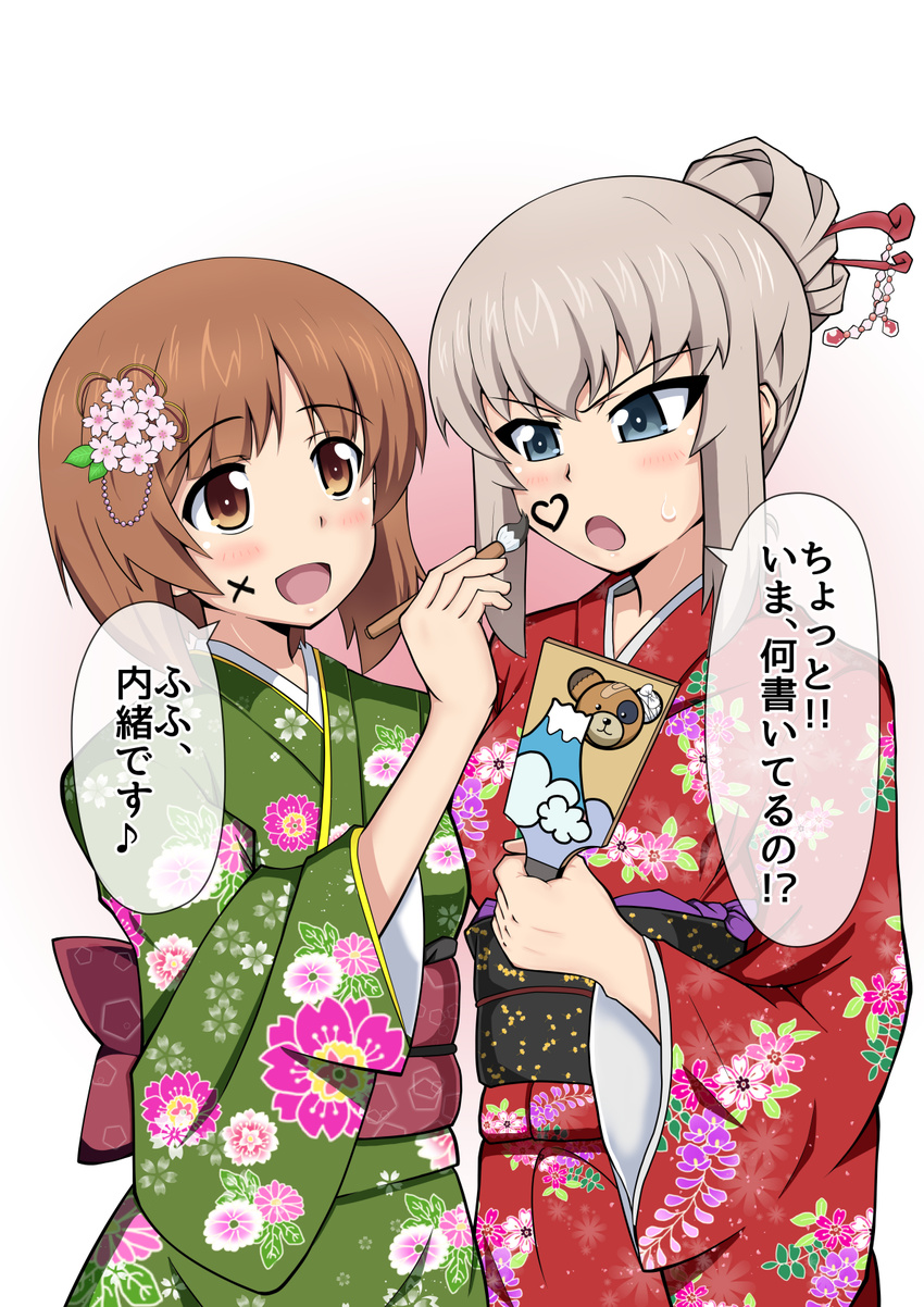 alternate_hairstyle animal_print bangs bear_print blue_eyes blush boko_(girls_und_panzer) brown_eyes brown_hair calligraphy_brush drawing dress face_painting floral_print flower girls_und_panzer green_dress hair_bun hair_flower hair_ornament hair_up hairpin hanetsuki happy_new_year heiden highres holding itsumi_erika japanese_clothes kimono long_sleeves looking_at_another multiple_girls new_year nishizumi_miho open_mouth paintbrush red_dress short_hair silver_hair simple_background smile standing sweatdrop translated upper_body white_background