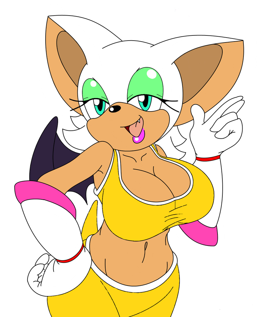anthro armpits bat big_breasts blue_eyes bra breasts cleavage clothed clothing female gloves hair hi_res mammal membranous_wings michiyoshi midriff navel open_mouth rouge_the_bat simple_background smile solo sonic_(series) sports_bra underwear white_background white_hair wings