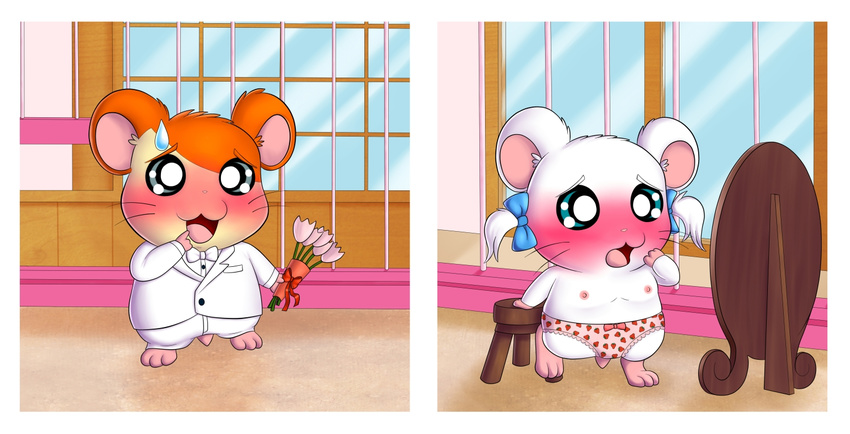 bijou clothed clothing cmnf embarrasment embarrassed enf exposed female food fruit hamster hamtaro hamtaro_(series) humiliated humiliation male mammal onzeno panties pink_panties rodent silly strawberry topless underwear