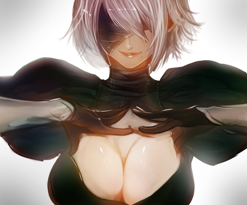 absurdres black_dress black_gloves blindfold breasts cleavage cleavage_cutout dress facing_viewer gloves hands_on_own_chest hatsuji_horumon highres juliet_sleeves large_breasts long_sleeves mole mole_under_mouth nier_(series) nier_automata puffy_sleeves shiny shiny_skin short_hair silver_hair simple_background smile solo upper_body yorha_no._2_type_b