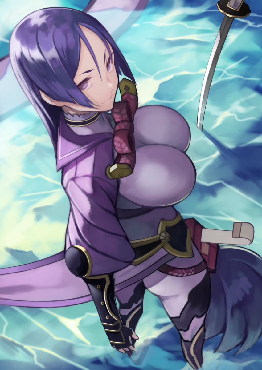 1girl 55level armor bracer breasts fate/grand_order fate_(series) fingerless_gloves from_above gloves high_collar highres hip_armor katana large_breasts leg_armor light_smile looking_at_viewer looking_up minamoto_no_raikou_(fate/grand_order) pelvic_curtain puffy_sleeves purple_eyes purple_hair sailor_collar smile solo standing sword water weapon