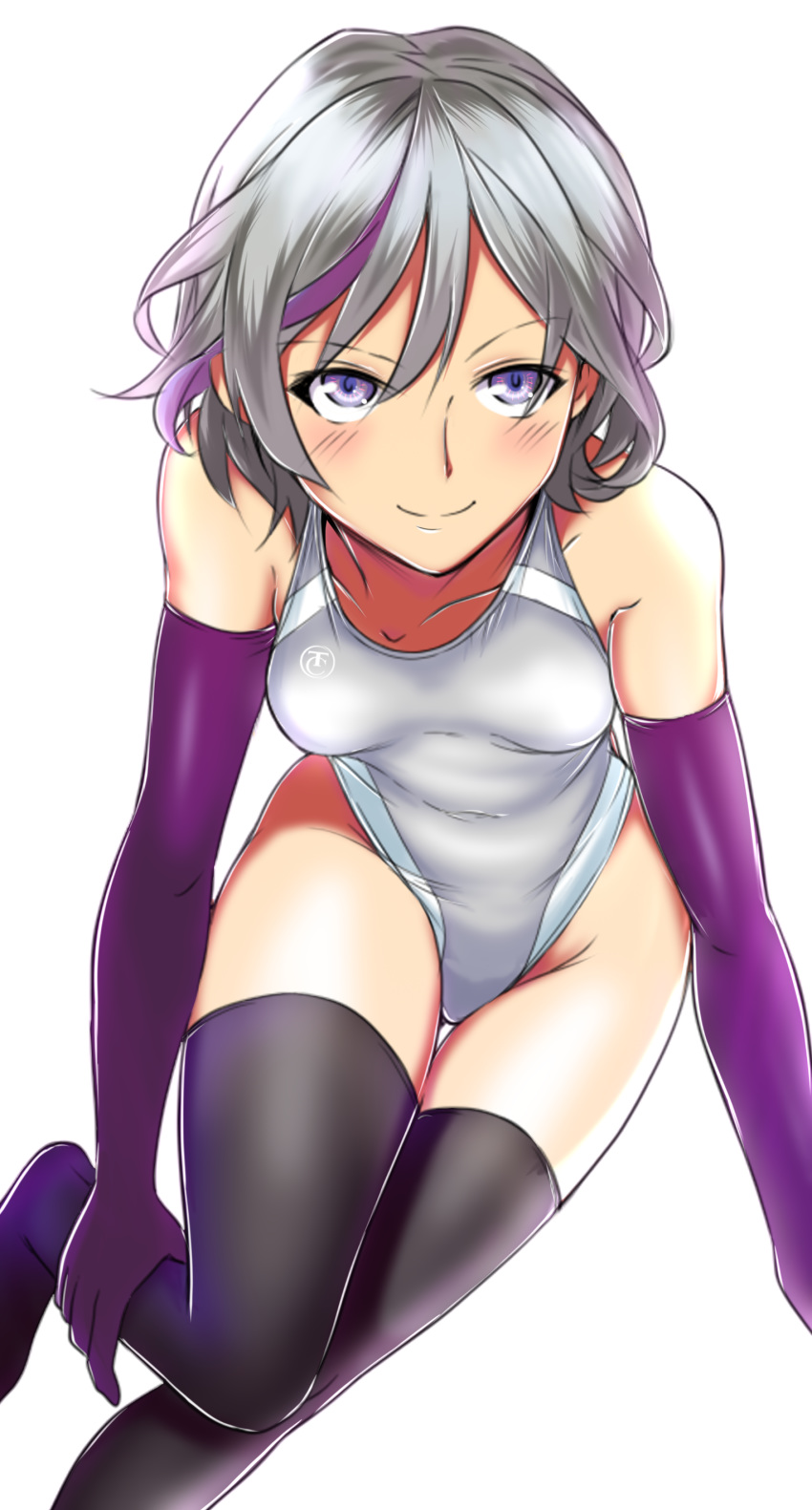 1girl absurdres aiuchi all_fours black_legwear collarbone commentary_request competition_swimsuit elbow_gloves feet_out_of_frame girls_frontline gloves grey_hair highleg highleg_swimsuit highres logo looking_at_viewer multicolored_hair one-piece_swimsuit purple_eyes purple_hair short_hair silver_swimsuit simple_background solo streaked_hair swimsuit thighhighs thompson/center_contender_(girls_frontline) white_background