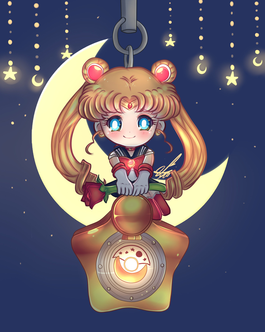 absurdres bishoujo_senshi_sailor_moon blonde_hair blue_eyes blue_sailor_collar bow brooch chibi circlet crescent double_bun elbow_gloves flower gloves highres jewelry keychain long_hair magical_girl music_box red_bow ribbon rose sailor_collar sailor_moon sailor_senshi_uniform signature smile solo star thighhighs tsukino_usagi twintails vanessa_trevino very_long_hair white_gloves