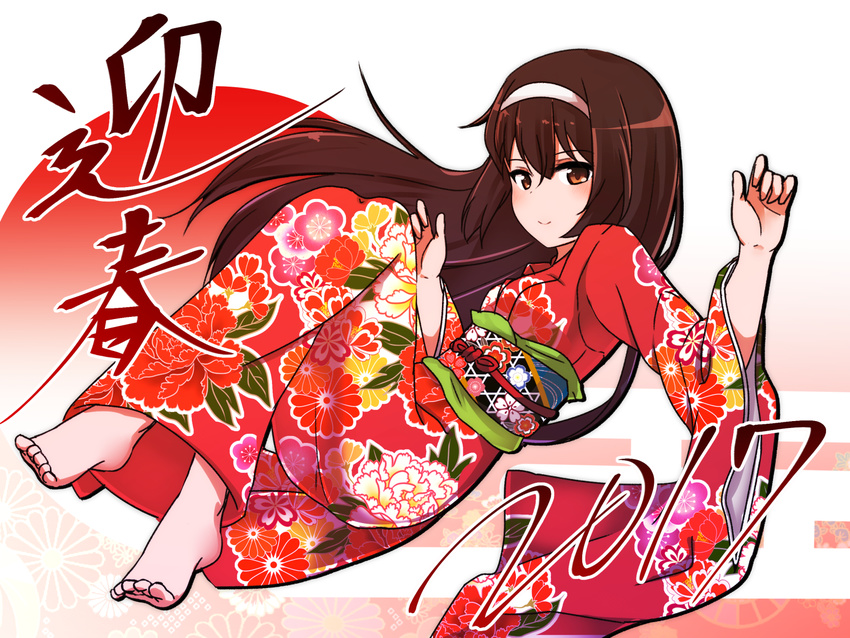 2017 bangs black_hair brown_eyes chawan_(yultutari) commentary dress floral_print full_body furisode girls_und_panzer hairband highres japanese_clothes kimono light_smile long_hair long_sleeves looking_at_viewer lying nengajou new_year on_back parted_lips red_dress reizei_mako rising_sun solo sunburst translated white_hairband