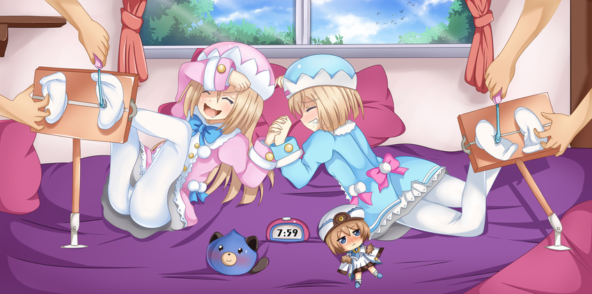 2boys 2girls ass bed blanc blush bound_ankles brown_hair choujigen_game_neptune choujigen_game_neptune_mk2 compile_heart dogoo dress eyes_closed feet foot_tickling hat idea_factory laughing long_hair lying multiple_boys multiple_girls neptune_(series) no_shoes open_mouth pantyhose pillow planeptune ram_(choujigen_game_neptune) rom_(choujigen_game_neptune) shiny shiny_hair short_hair siblings sisters smile soles stuffed_animal stuffed_toy tickling toes twins white_legwear