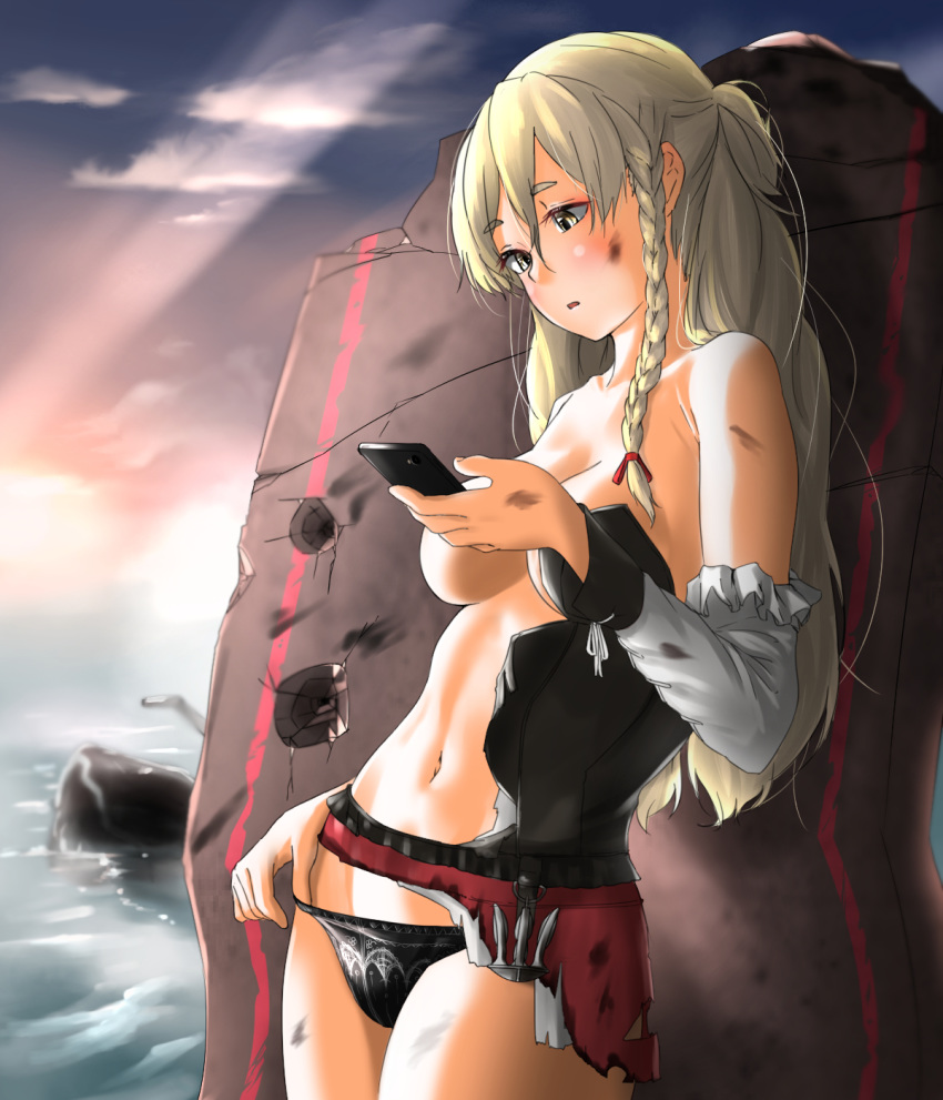 1girl black_panties blonde_hair blush braid breasts brown_eyes cellphone dirty french_braid highres kantai_collection large_breasts long_hair miniskirt navel ocean open_mouth panties phone remodel_(kantai_collection) shirt skirt smartphone solo standing sunset tama_(seiga46239239) torn_clothes torn_shirt torn_skirt underwear wavy_hair white_shirt zara_(kantai_collection)