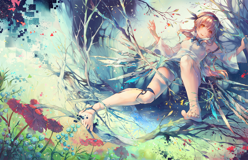 barefoot blonde_hair braid breasts commentary detached_sleeves digital_dissolve english_commentary forest french_braid full_body hairband highres ice ice_wings long_hair low_wings lying nature nyanfood on_back original prosthesis prosthetic_leg revision see-through shorts small_breasts smile solo toes wet wet_clothes wings yellow_eyes